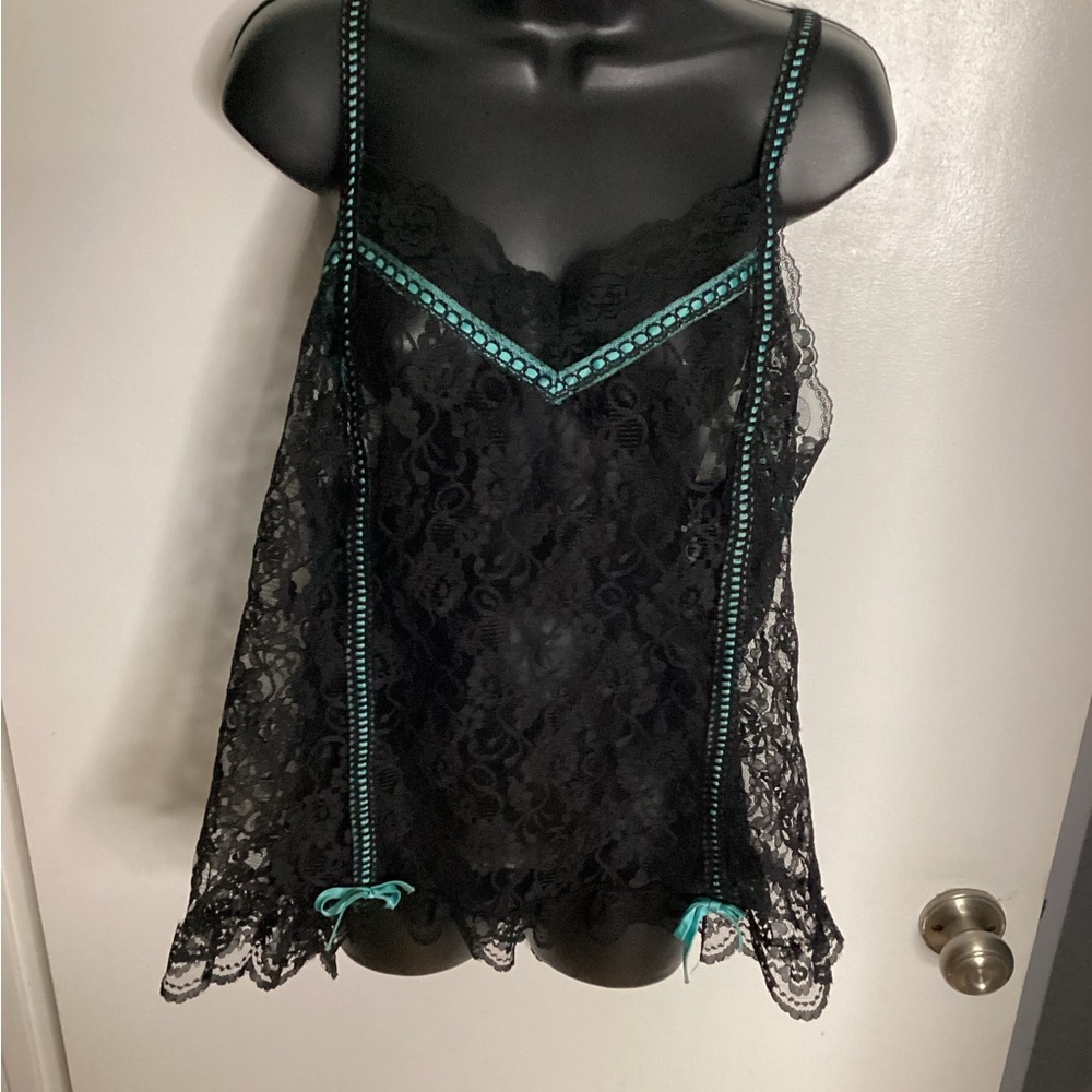 Vintage Black Lace Camisole with Teal Accents XXXL